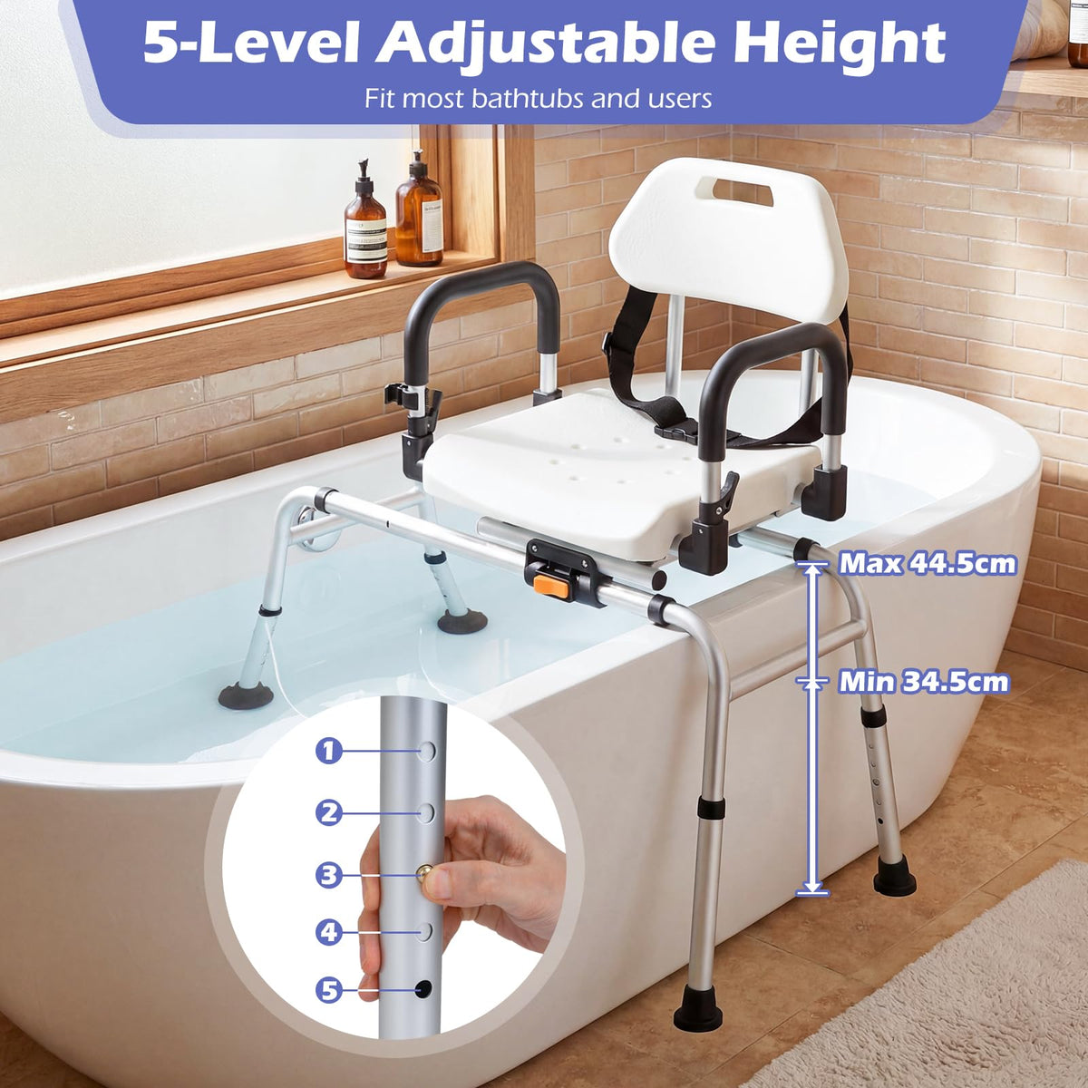 Sliding Shower Chair with Backrest, Duty Non-Slip Tub Transfer Bench w/Swivel Seat