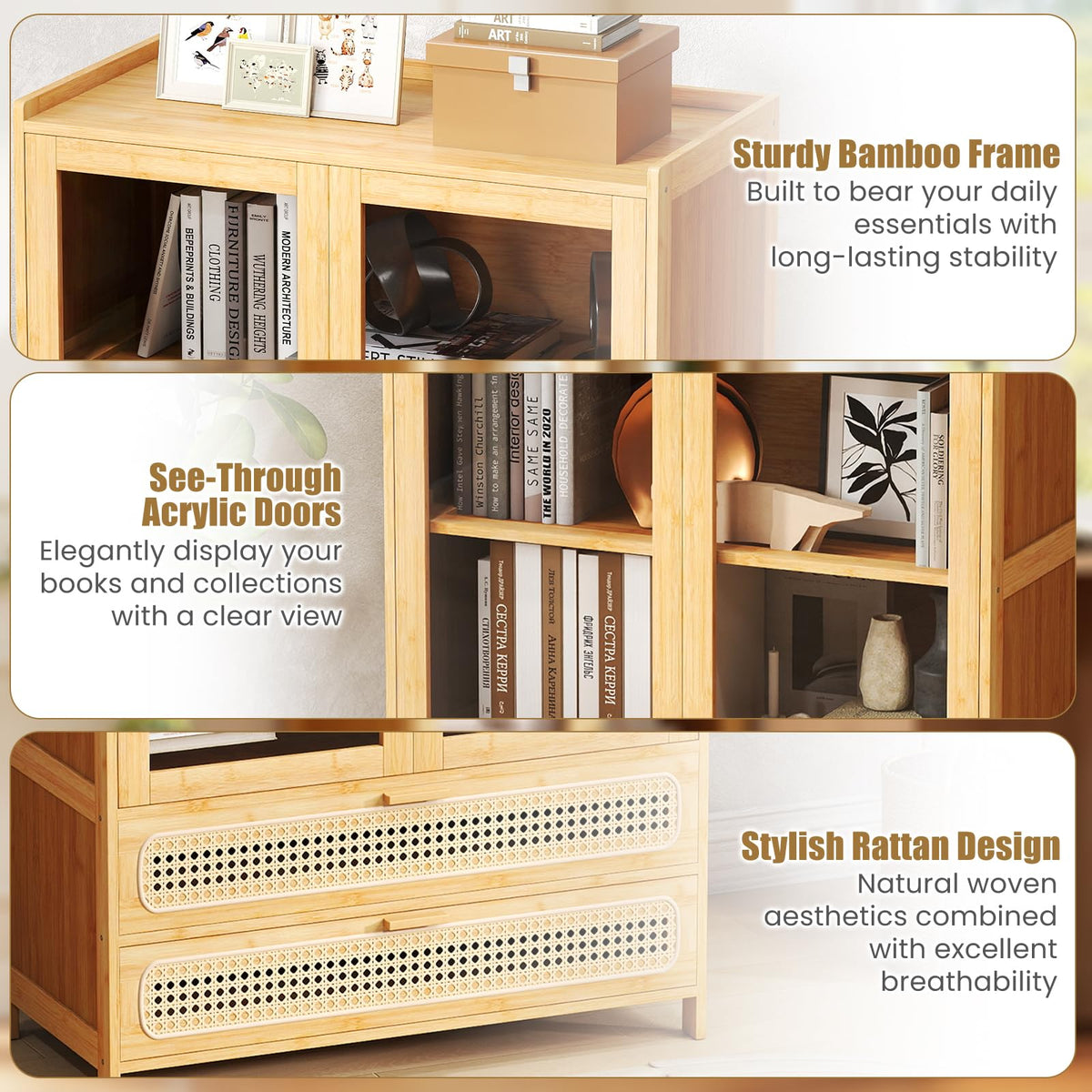 Giantex 138.5 cm Bamboo Bookshelf w/ 2 Acrylic Doors, 4 Shelves & 2 Drawers