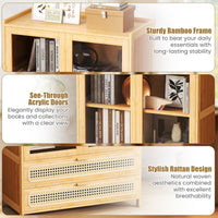 Giantex 138.5 cm Bamboo Bookshelf w/ 2 Acrylic Doors, 4 Shelves & 2 Drawers
