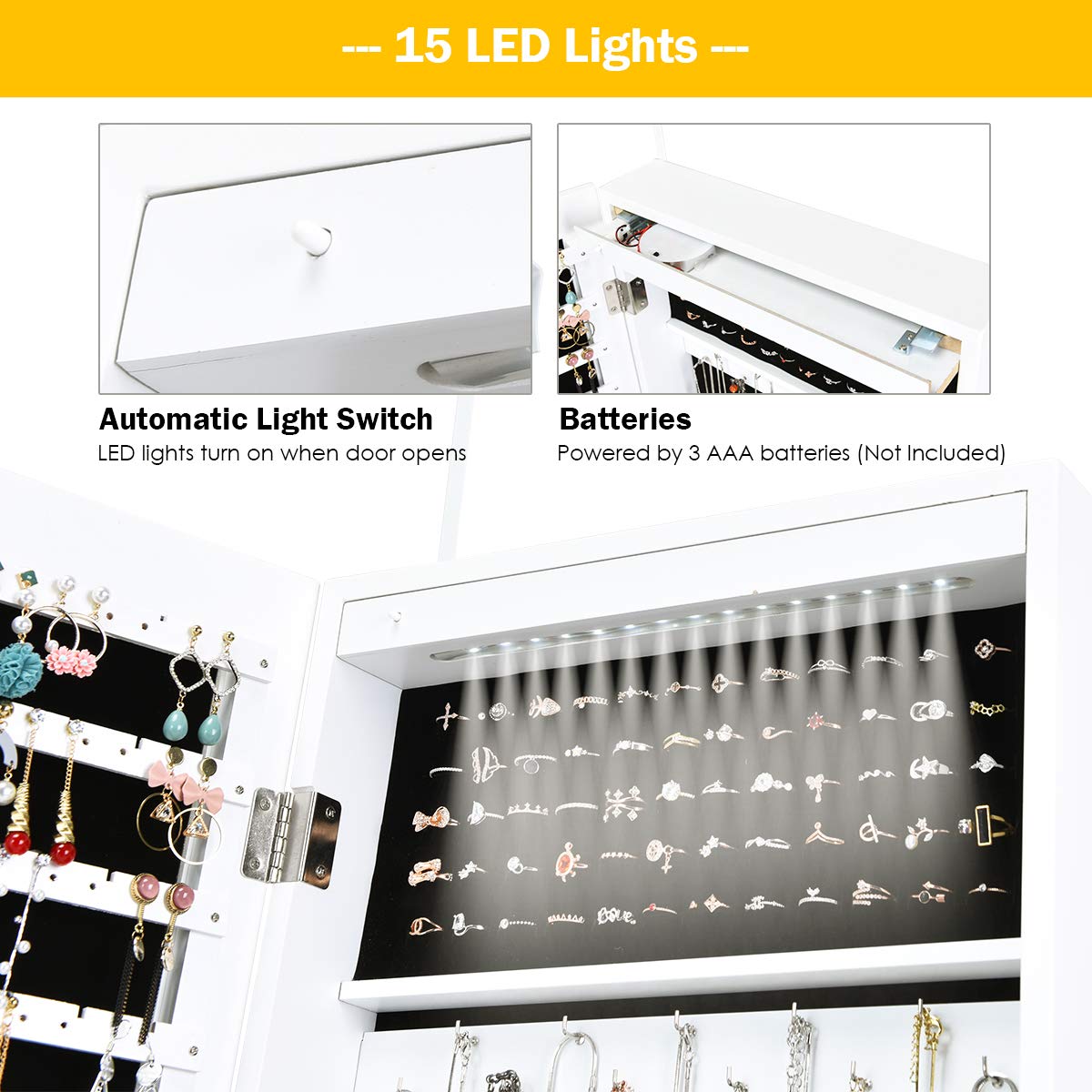 Giantex 120cm LED Jewelry Cabinet with Mirror, Lockable Jewelry Organizer with Automatic LED Lights