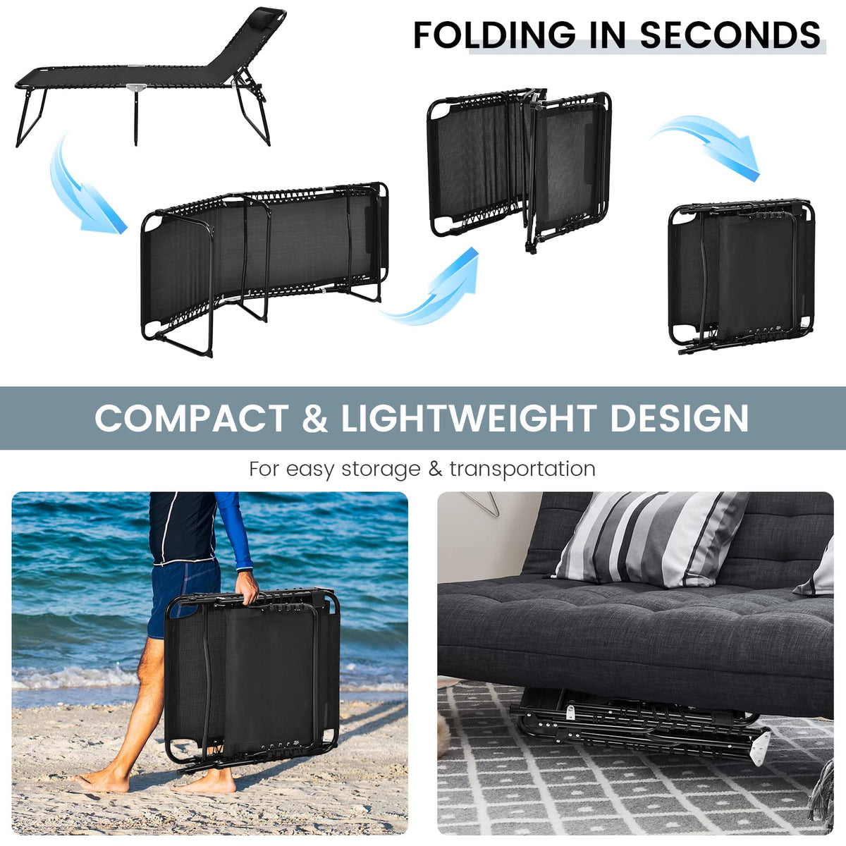 Patio Folding Chaise Lounge with 4-Level Backrest & Detachable Headrest Outdoor（70cm）