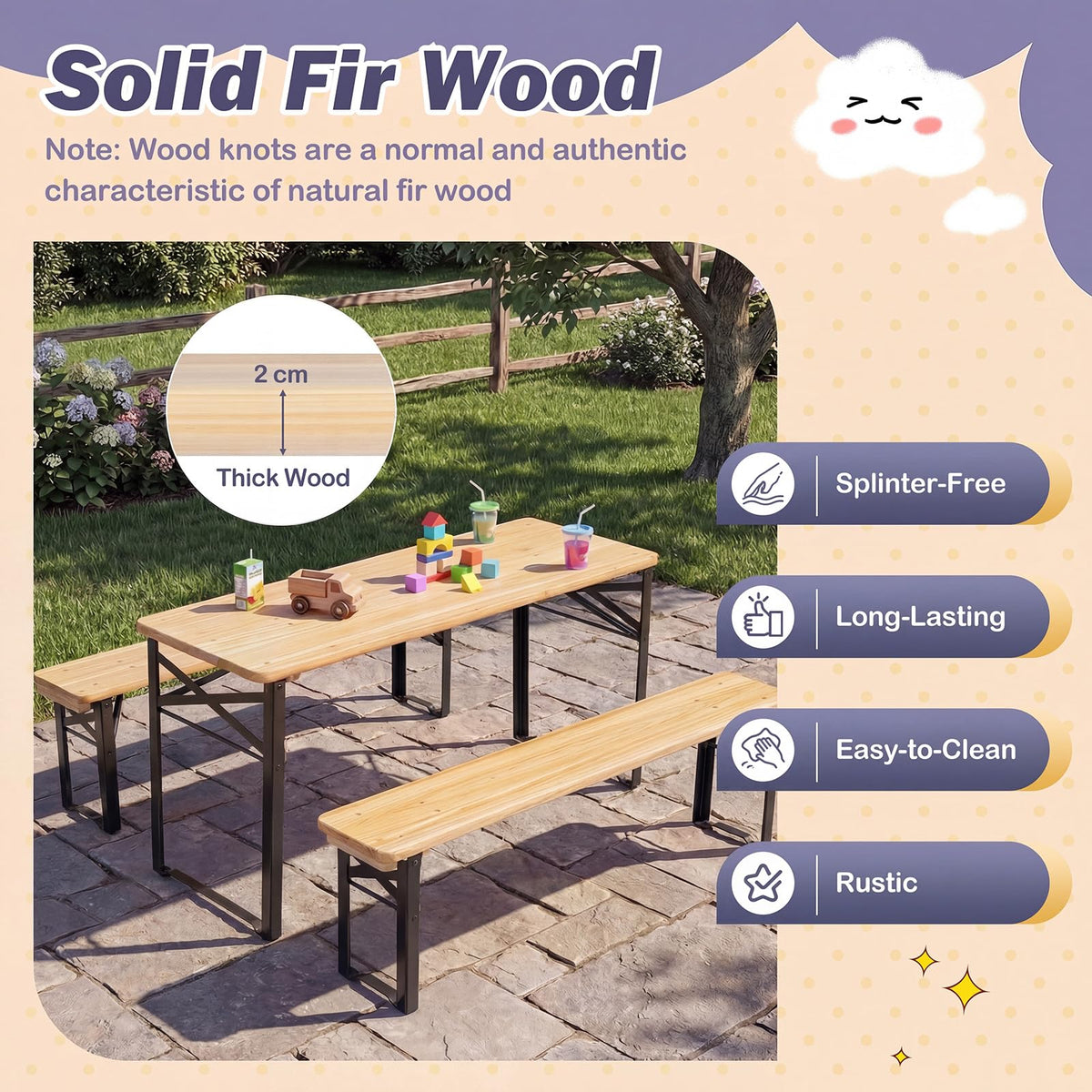 110 CM Folding Kids Picnic Table & Bench Set, No Assembly Wooden Toddler Table
