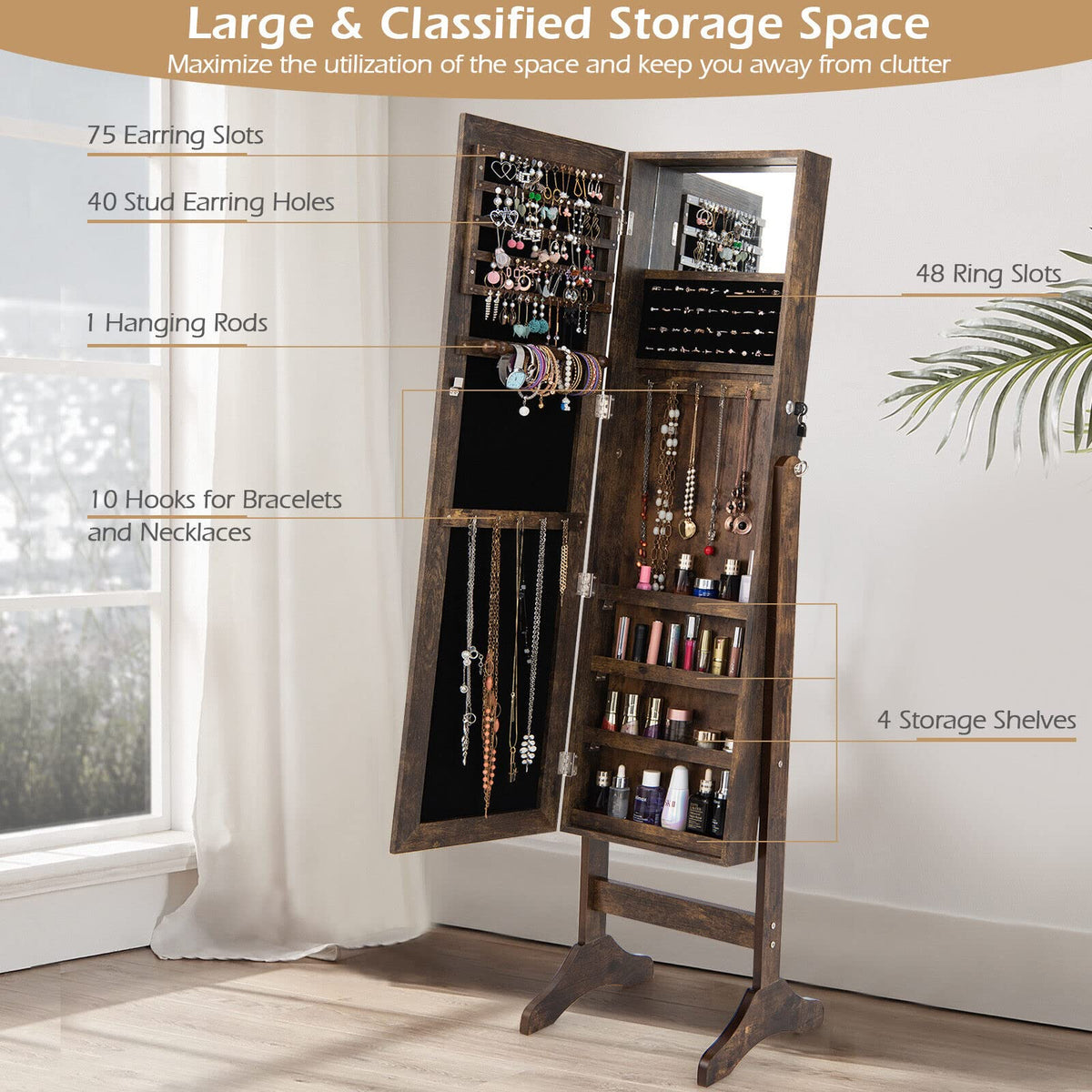 Giantex Mirror Jewelry Cabinet w/ Full Length Mirror, Jewelry Makeup Storage Cabinet w/ Lockable Door