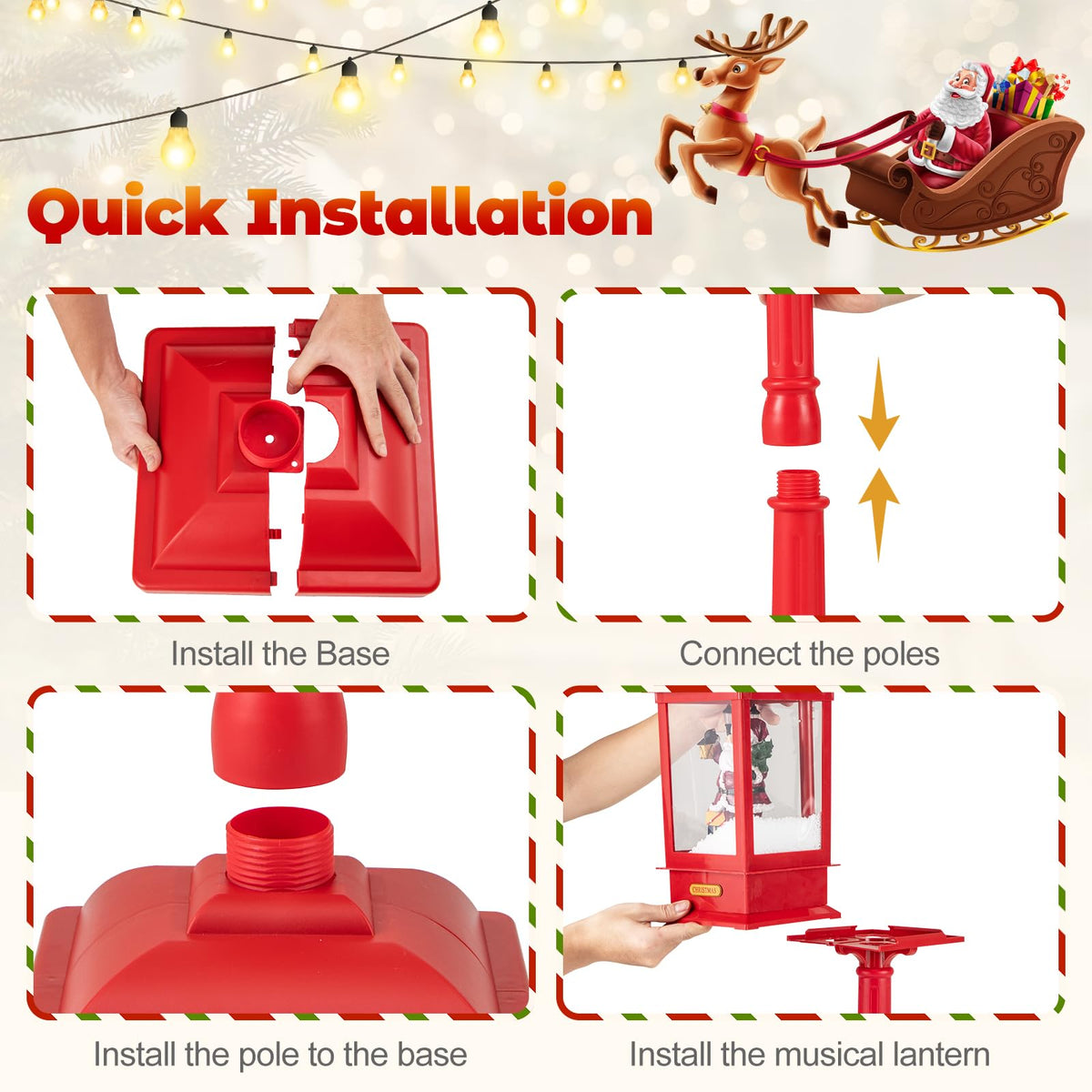 1-Piece Christmas Street Lamp 155cm with Snow Globe and Santa Music for Porch