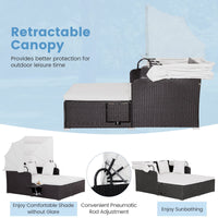 Outdoor Rattan Daybed W/Retractable Canopy, Washable Cushion & Pillow