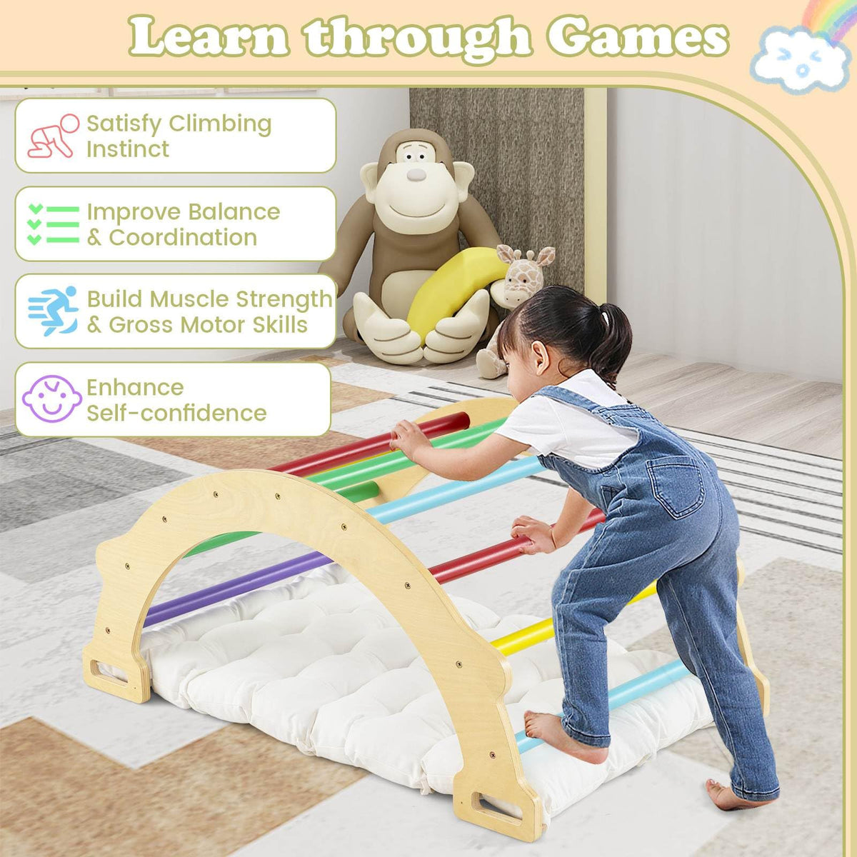 4-In-1 Wooden Kids Climber Arch Rocker with Cushion Montessori Toy