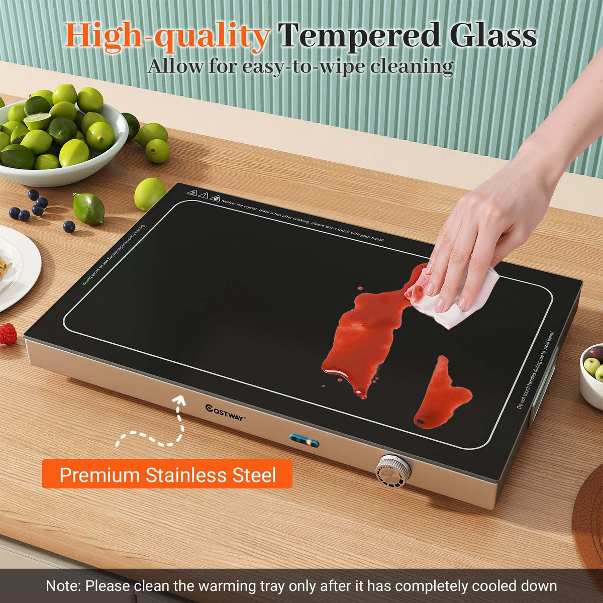 Electric Warming Tray with Adjustable Temperature Tempered Glass Top Food Warmer