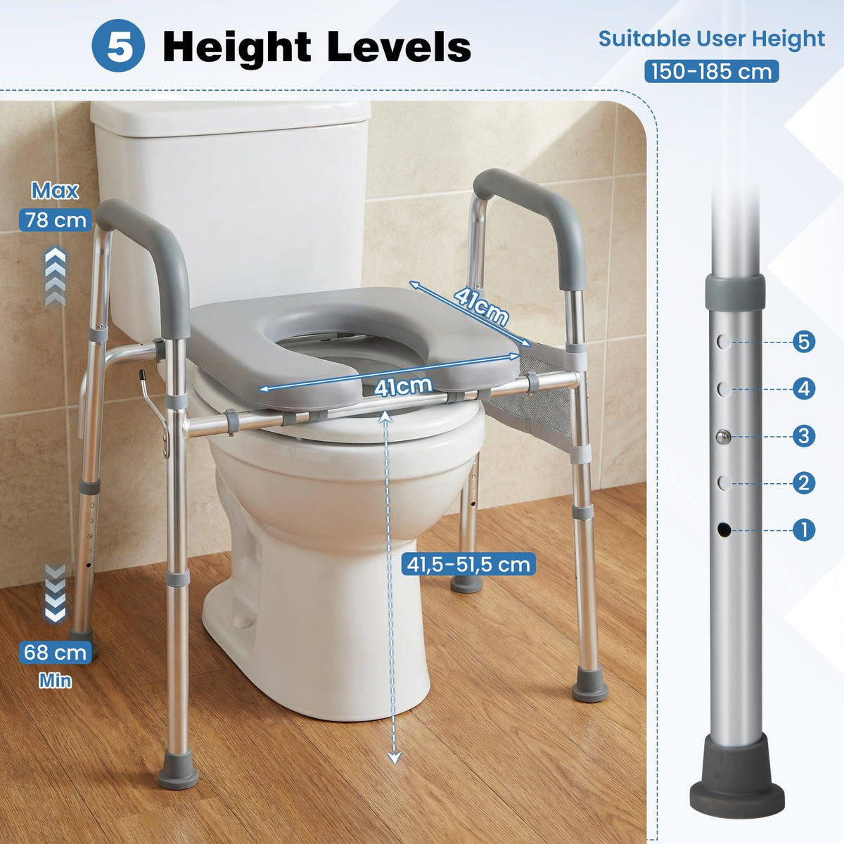 Raised Toilet Seat with Handles, Height & Width Adjustable Elevated Toilet Seat Riser