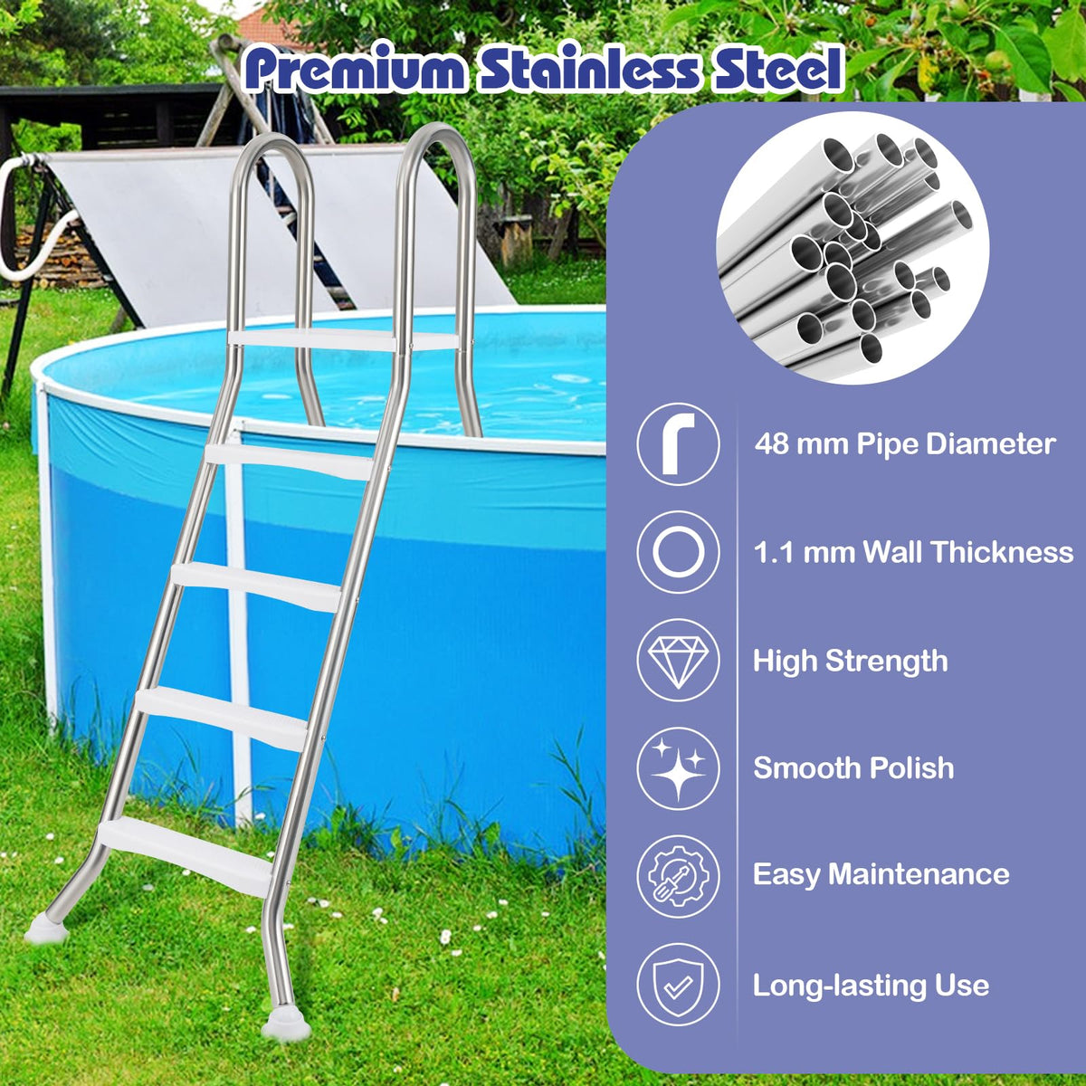 192 cm Above Ground Pool Ladder A-Frame Swimming Pool Ladder with Top Platform