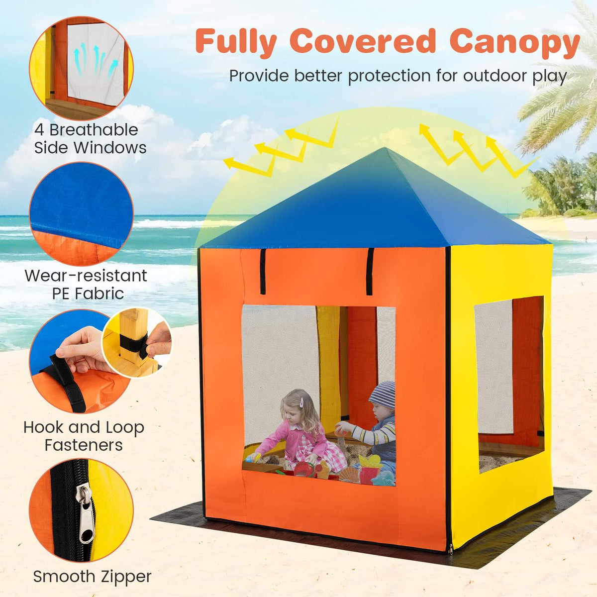 Kids Wooden Sandbox with Canopy, Outdoor Large Fir Wood Playhouse w/Bottom Liner