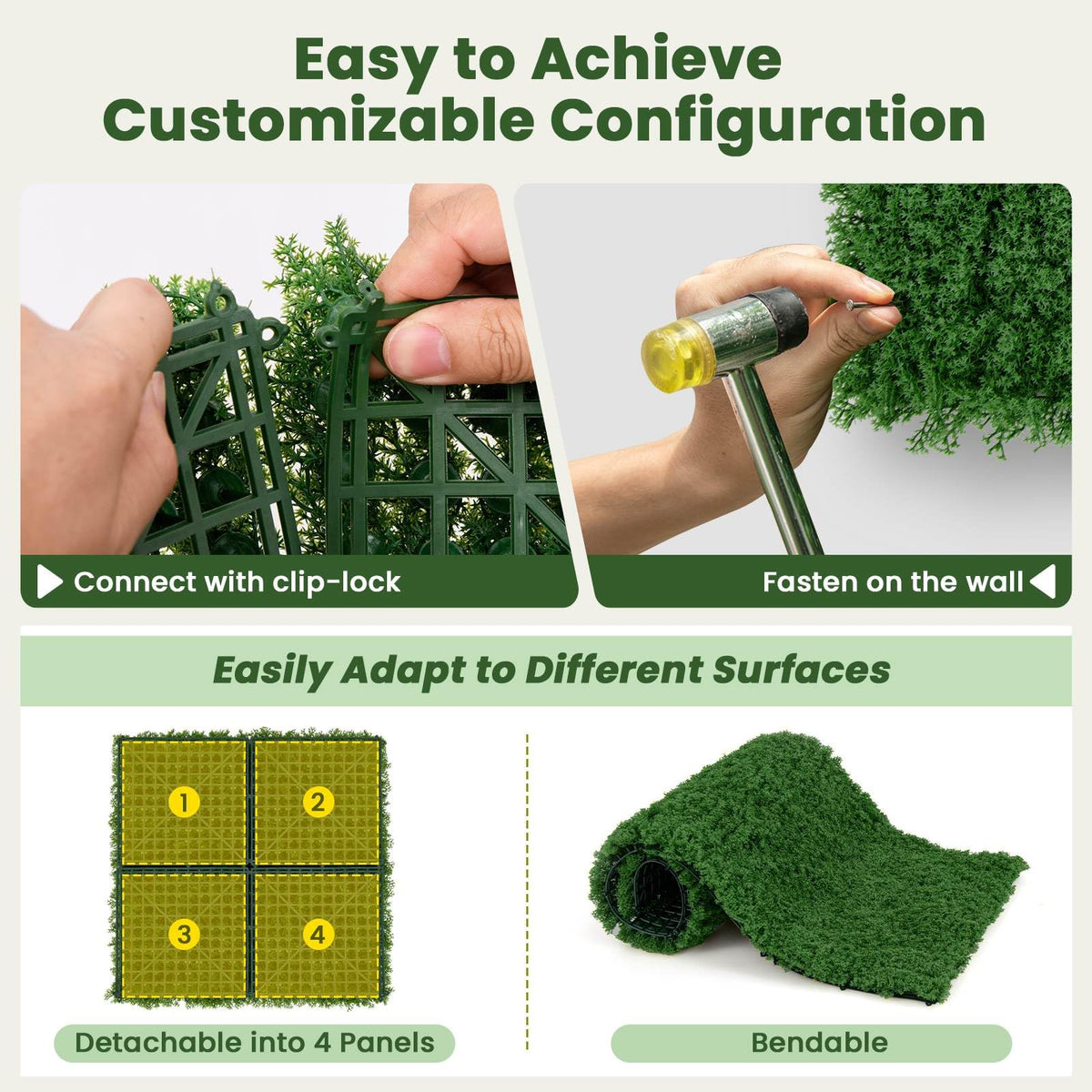 12 Pieces 51 x 51cm Artificial Grass Wall Panels Faux Green Moss Panels