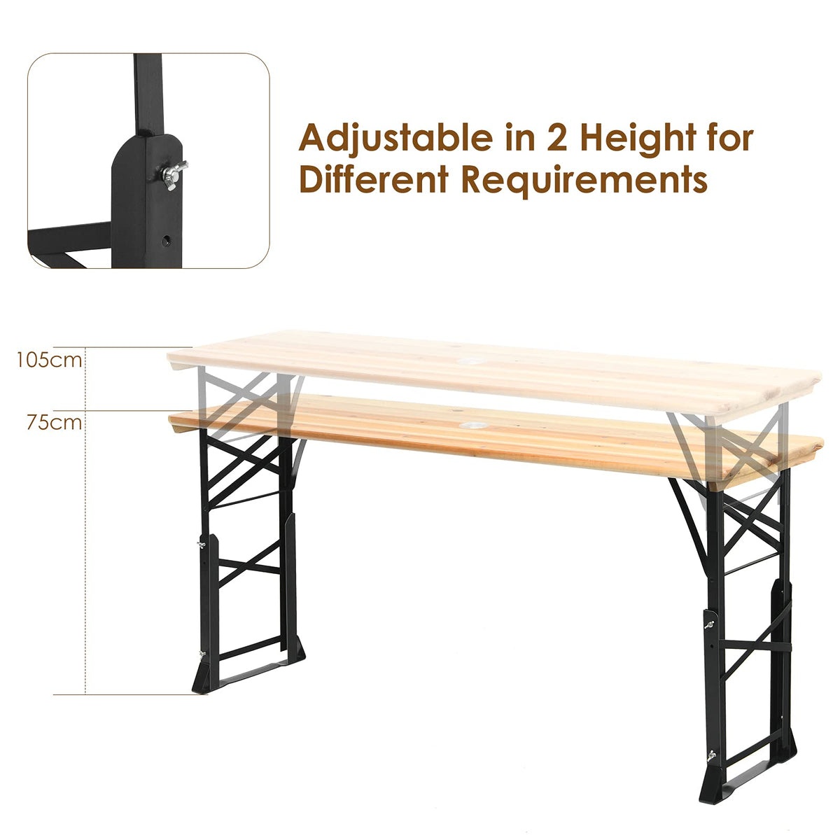 Patio Folding Picnic Table, Outdoor Large Beer Table with Adjustable Heights