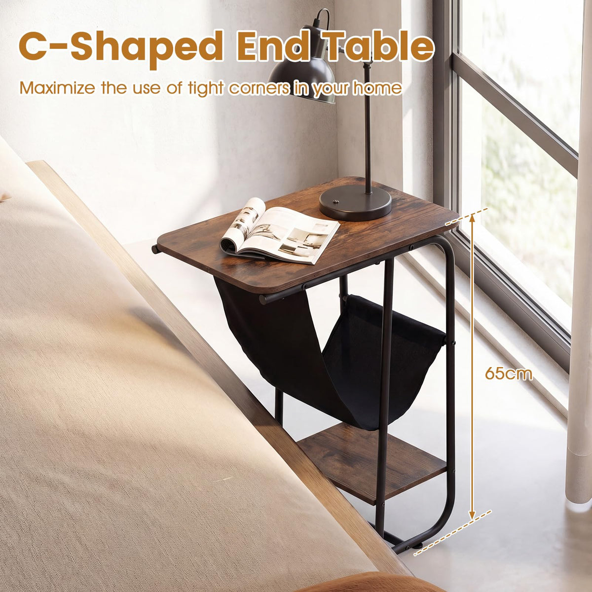 Giantex C-Shaped End Table with Canvas Book Holder & Bottom Storage Shelf
