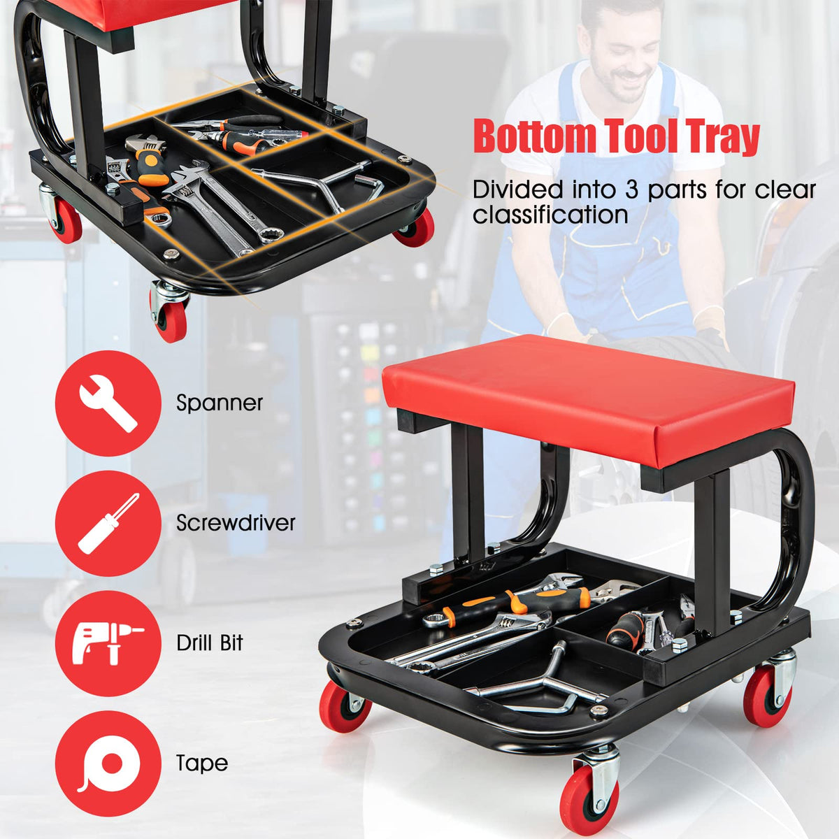 Rolling Creeper, Garage/Shop Seat, Soft Padded Mechanic Seat with Tool Tray Storage