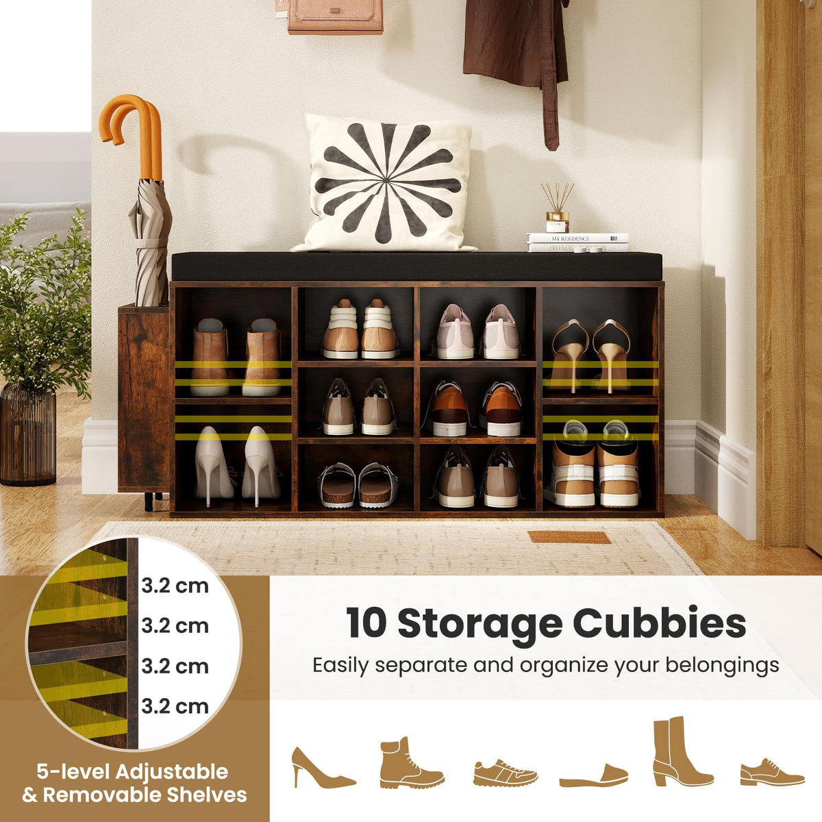 Giantex Shoe Storage Bench with Umbrella Stand, 10-Cube Entryway Bench with Adjustable Shelf & Padded Cushion