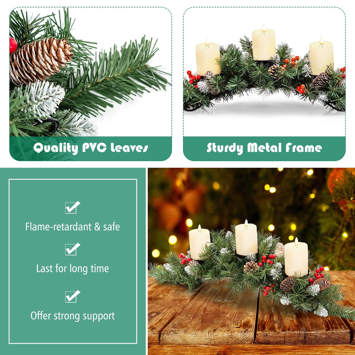 Artificial Christmas Tabletop Centerpiece with 3 Candle Holders