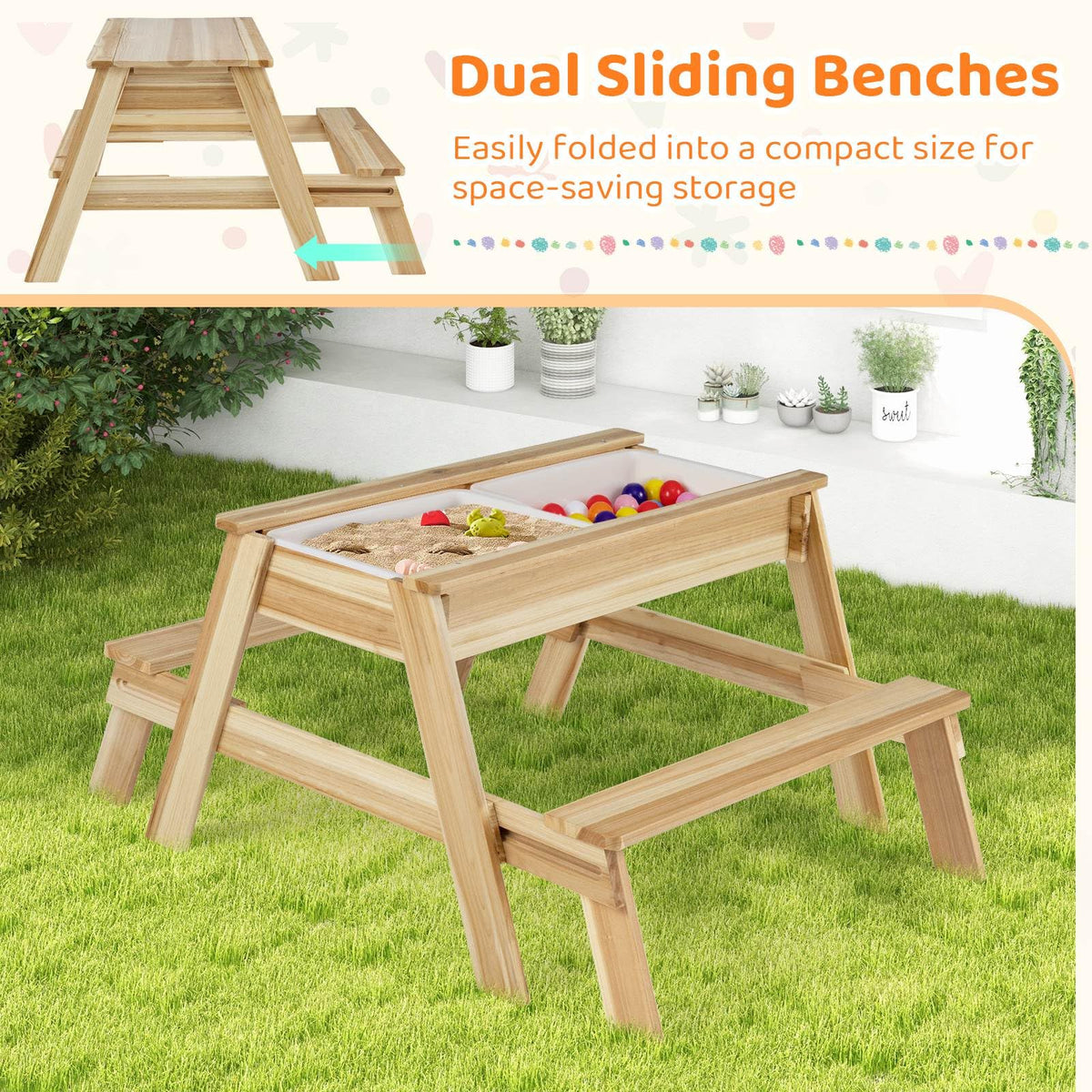 Kids Picnic Table, 4 in 1 Wooden Table & Bench Set with Removable Top & 2 Storage Boxes