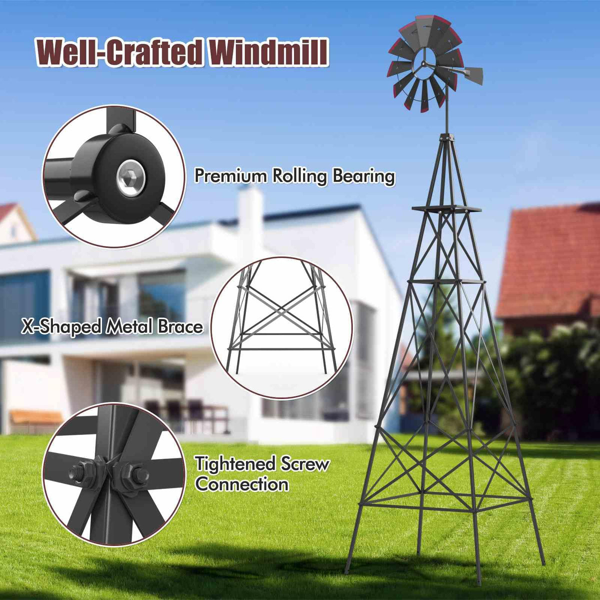 253cm Ornamental Windmill with 4 Support Legs for Backyard, Garden, Farm