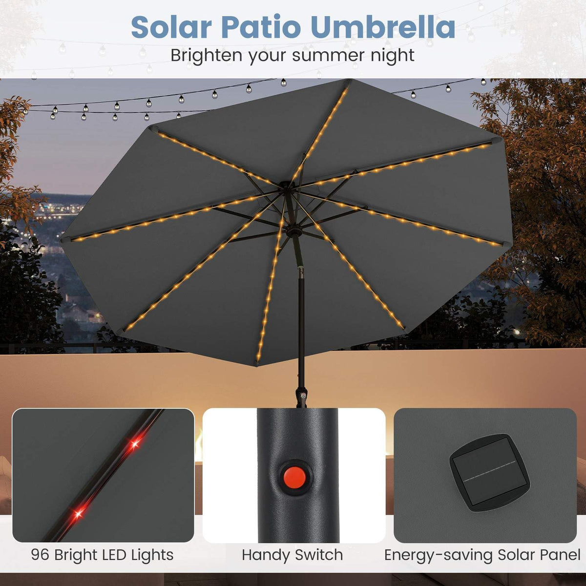 3 m Solar Patio Umbrella w/ 96 LED Lights, 9 Modes