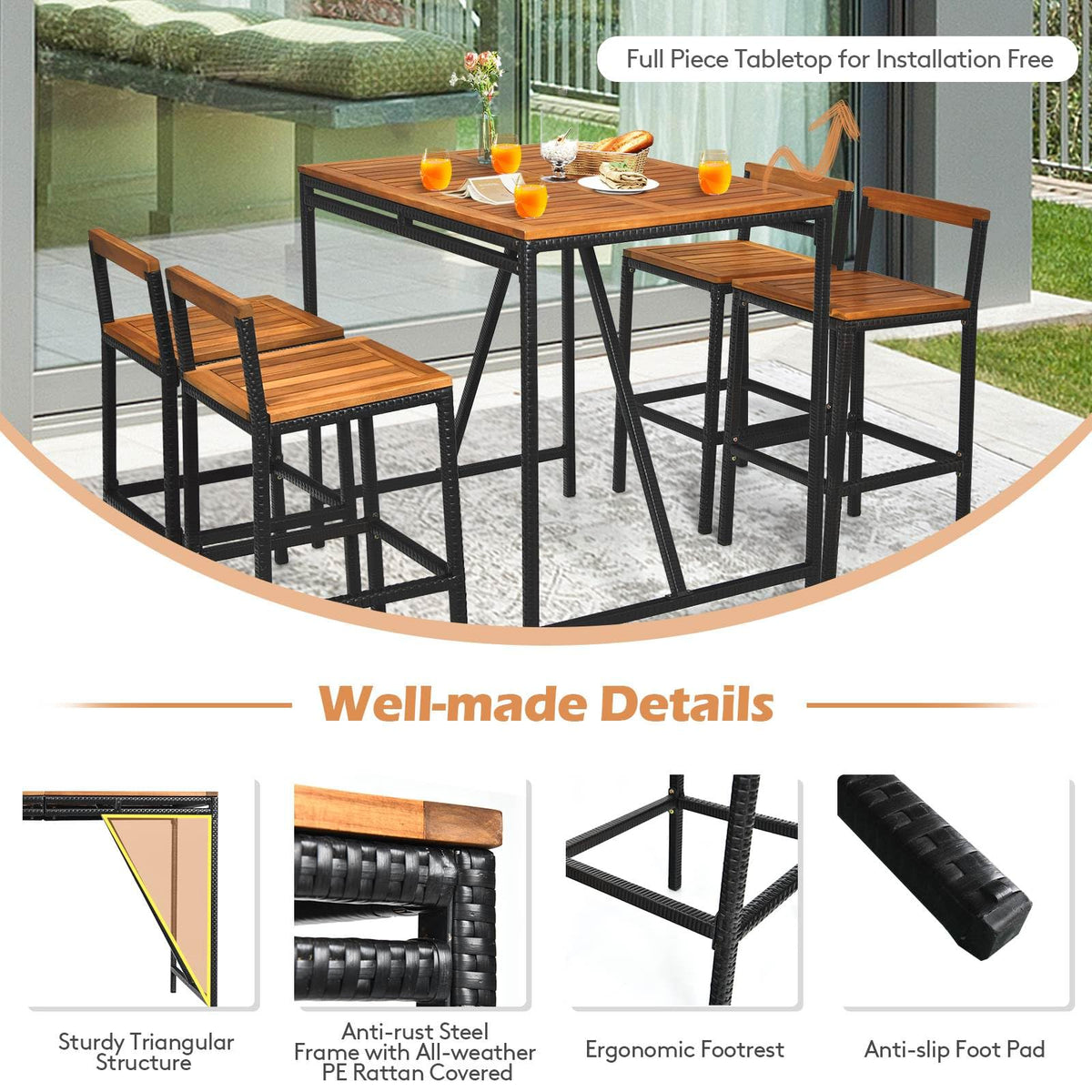 5-Piece Outdoor Acacia Wood and PE Rattan Bar Set
