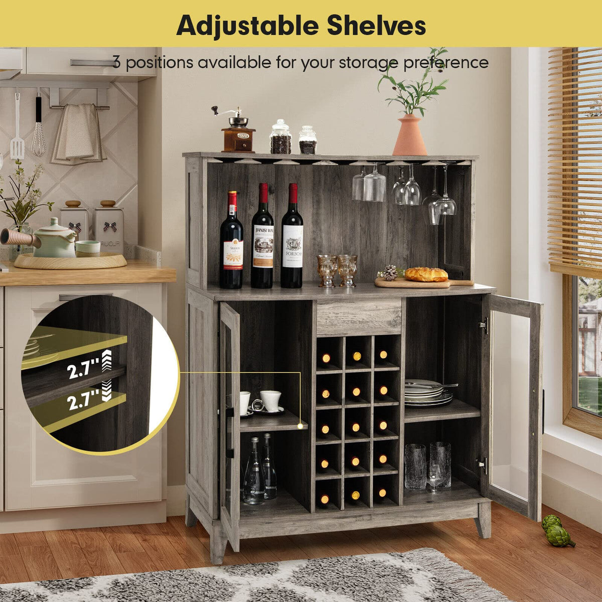 Giantex Freestanding Kitchen Buffet Cabinet, Wood 2-Door Sideboard w/Detachable Wine Rack & Glass Holder