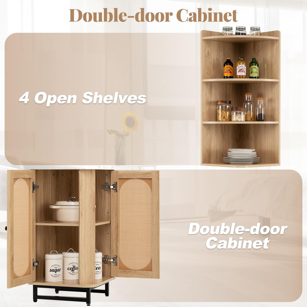 PE Rattan Corner Cabinet 172 cm Tall Corner Bookcase with 2 Doors and 4 Open Shelves