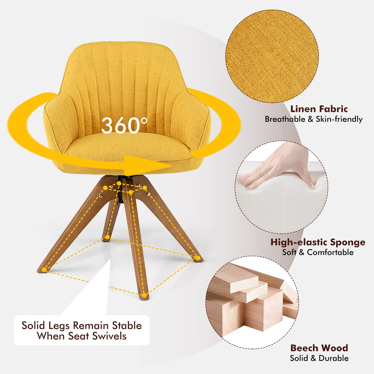 Giantex Modern Swivel Accent Chair, Dining Chair Upholstered Armchair w/Beech Wood Legs