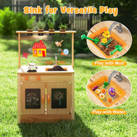 Mud Kitchen for Kids, Fir Wood Kitchen Playset with Planting Pots, Cookware, Stoves, Faucet, Sink & Blackboards