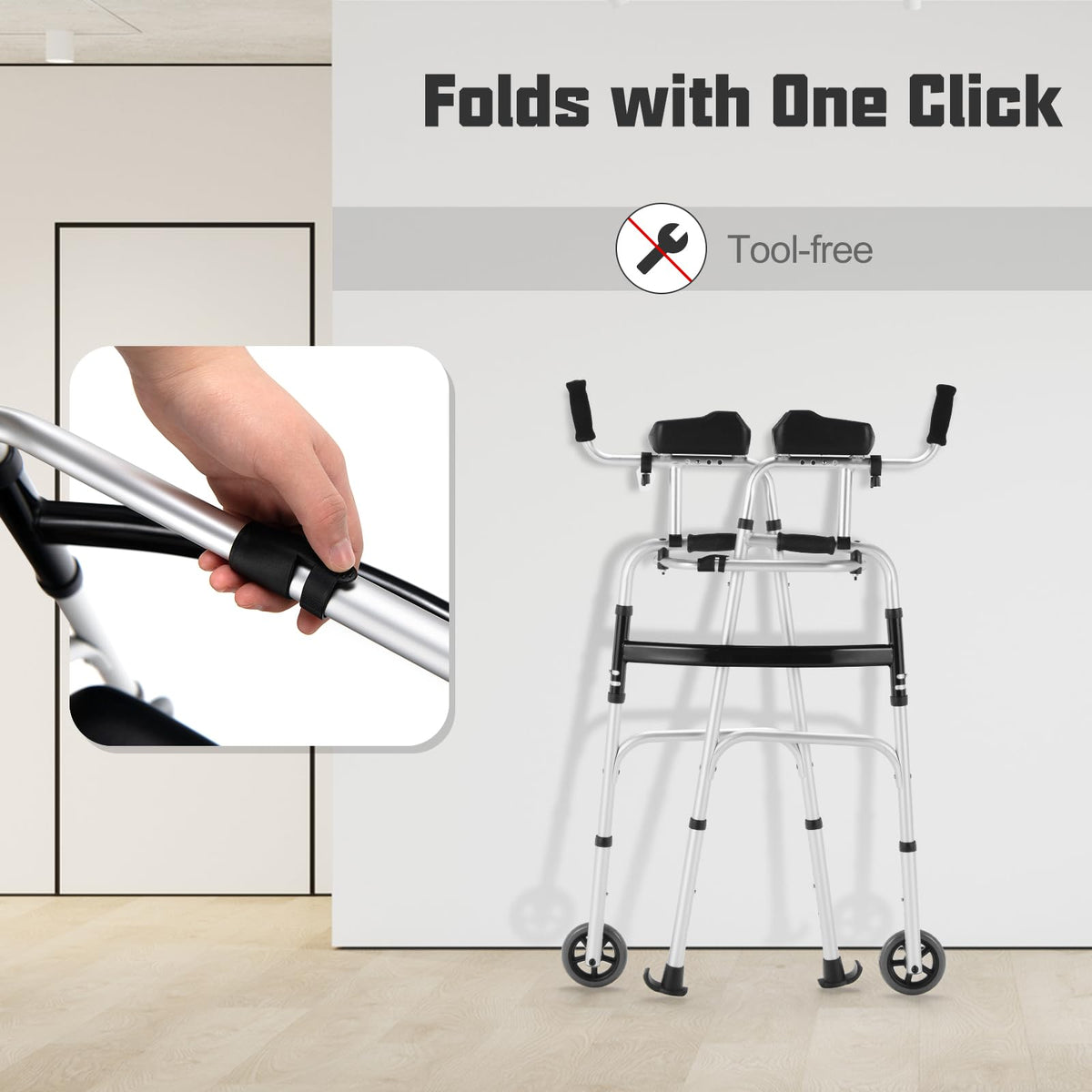 Folding Upright Walker with Seat Wheels and Removable Arm Support