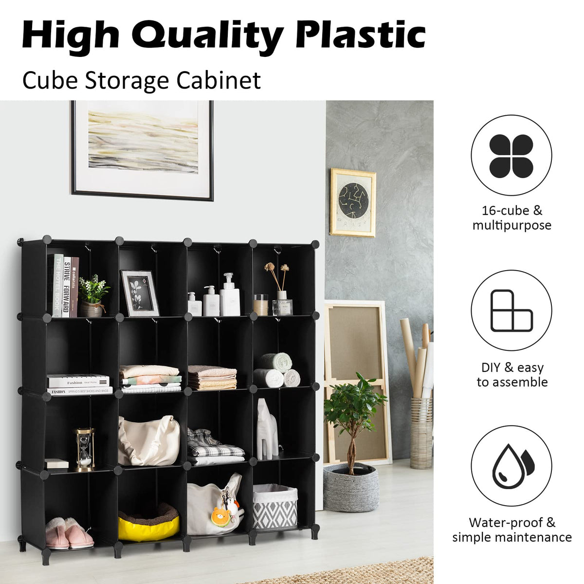 Modular Cube Cabinet, 16 Cubes Plastic Storage Organiser Units