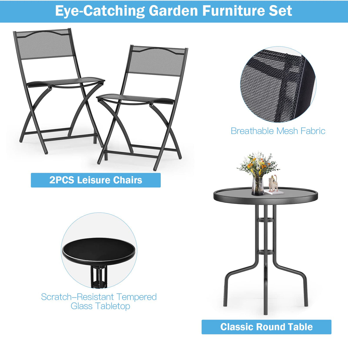 3-Piece Patio Bistro Set, Outdoor Bistro Table Set with Round Black Tempered Glass Tabletop and 2 Folding Chairs