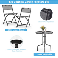 3-Piece Patio Bistro Set, Outdoor Bistro Table Set with Round Black Tempered Glass Tabletop and 2 Folding Chairs