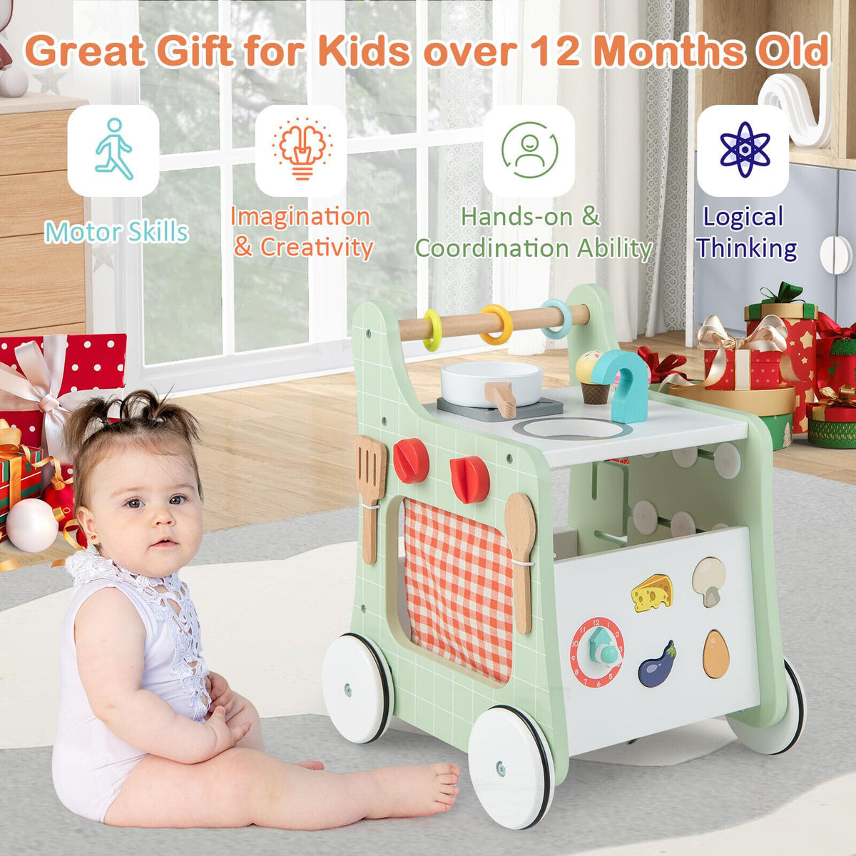 6-in-1 Toddler Push and Pull Walker with Play Kitchen for Kids-Green