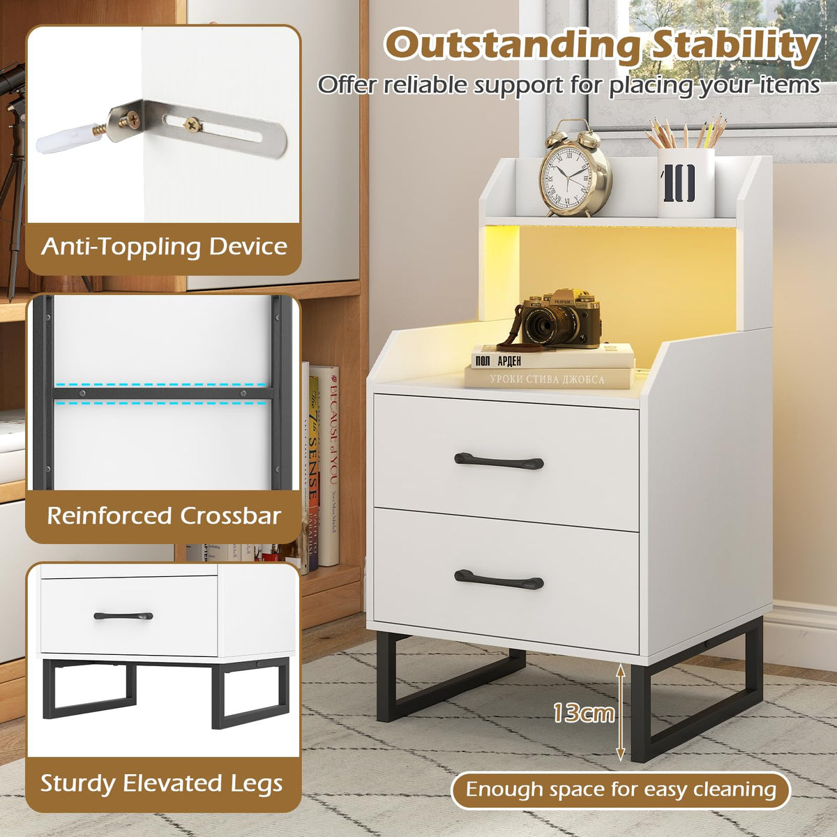 Modern Bedside Table with Built-in Charging Station and LED Lights