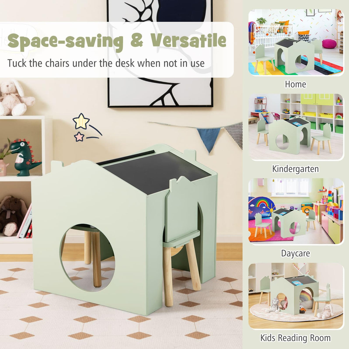 3 Pieces Kids Wooden Activity Play Desk and Chair Set with Chalkboards
