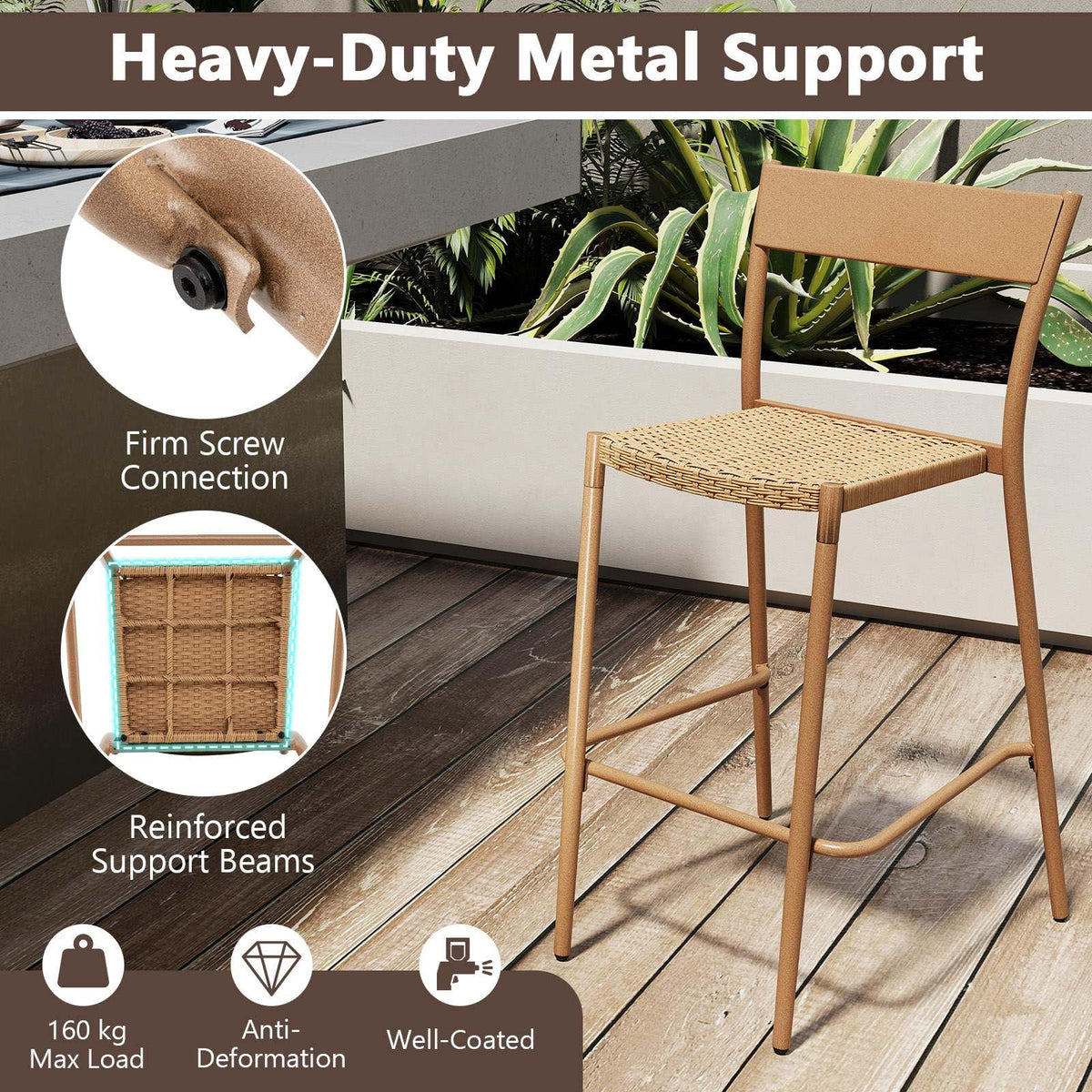 Patio Barstools Set of 2, Outdoor Bar Height Chairs