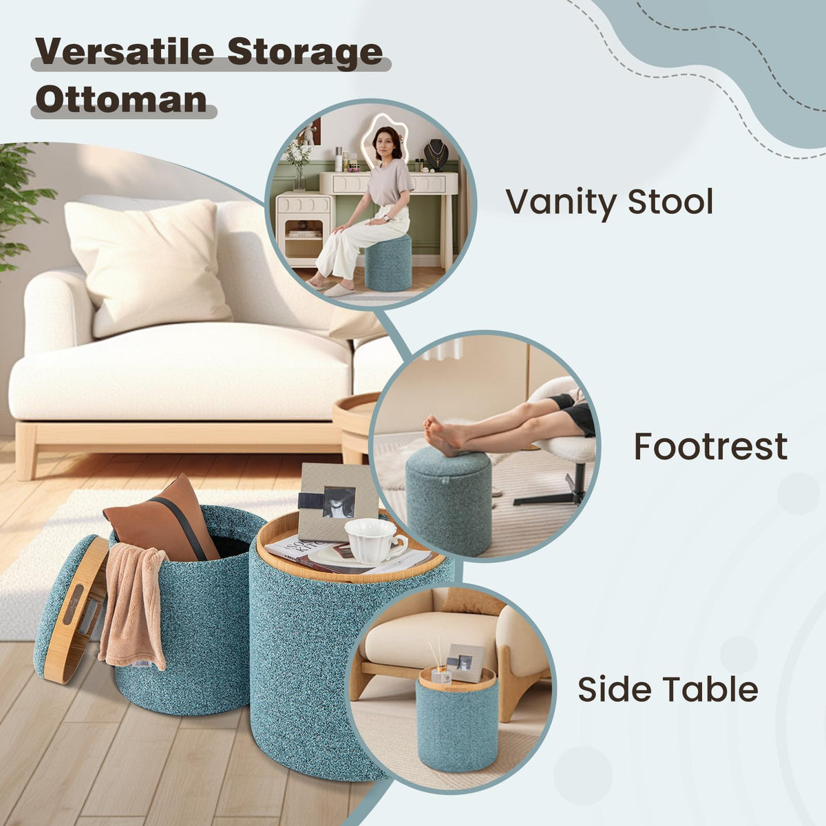 Giantex Round Ottoman Set of 2, Upholstered Storage Ottoman