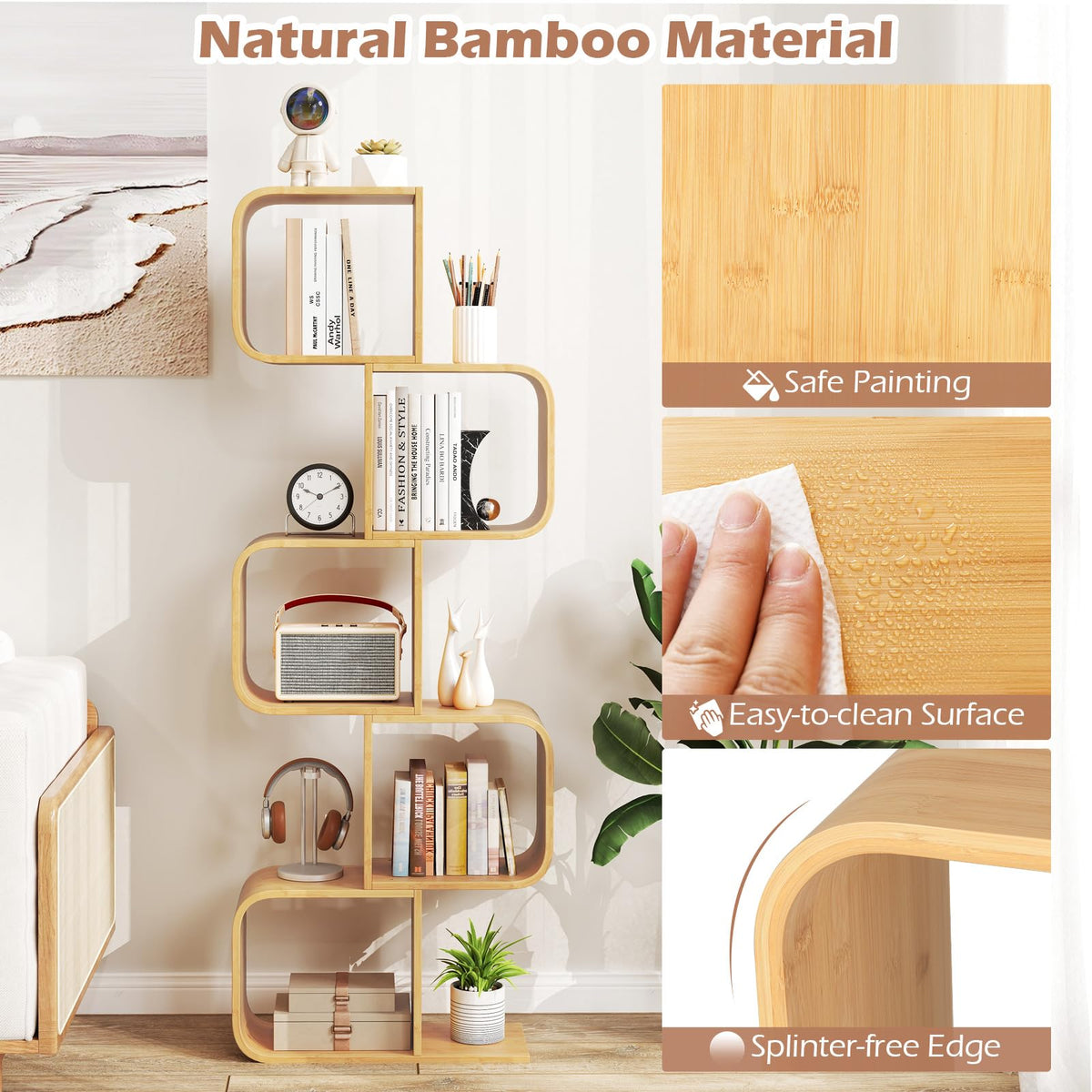 Bamboo Bookshelf with 5 Open Cubes