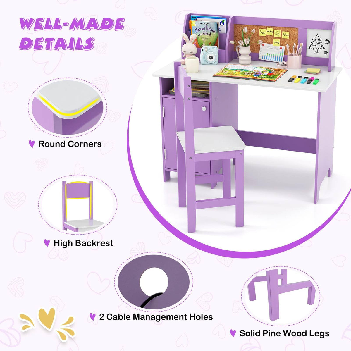 Wooden Kids Study Table and Chair Set with Hutch Bookshelf and Cabinet