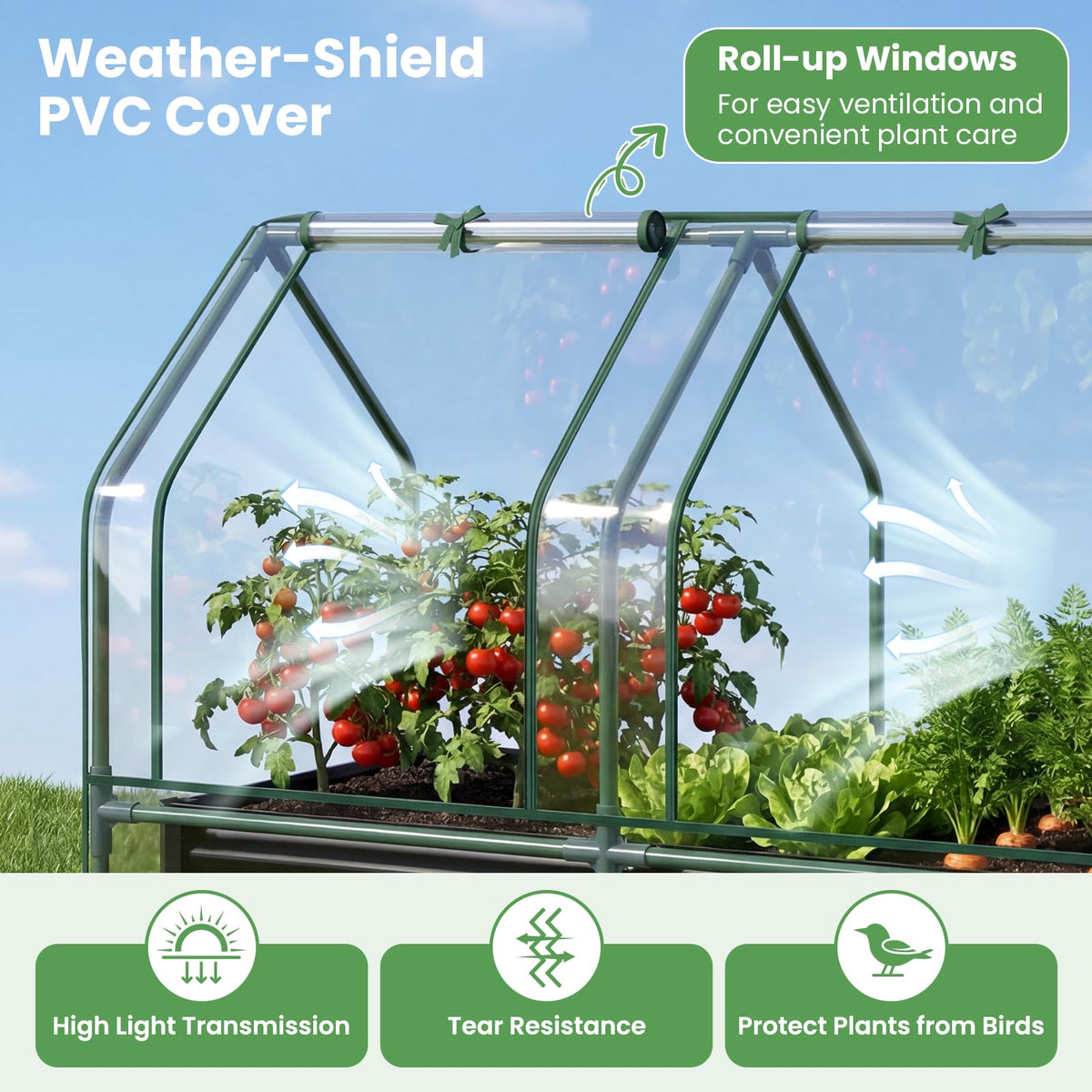 120x30x60 cm Raised Garden Bed with Greenhouse Cover and Windows