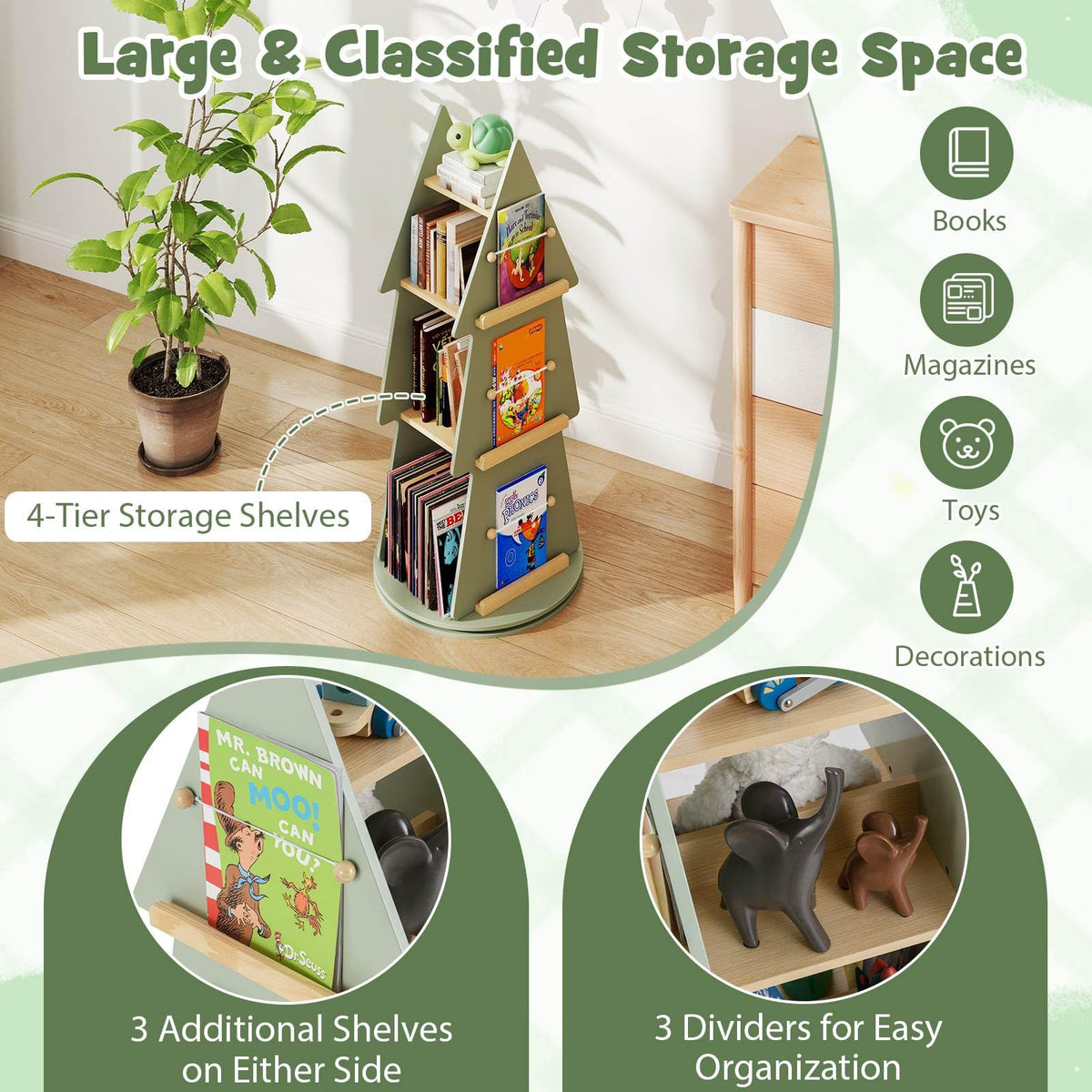 4-Tier Tree Shape Wooden Kids Rotating Bookshelf for Classroom Playroom Bedroom