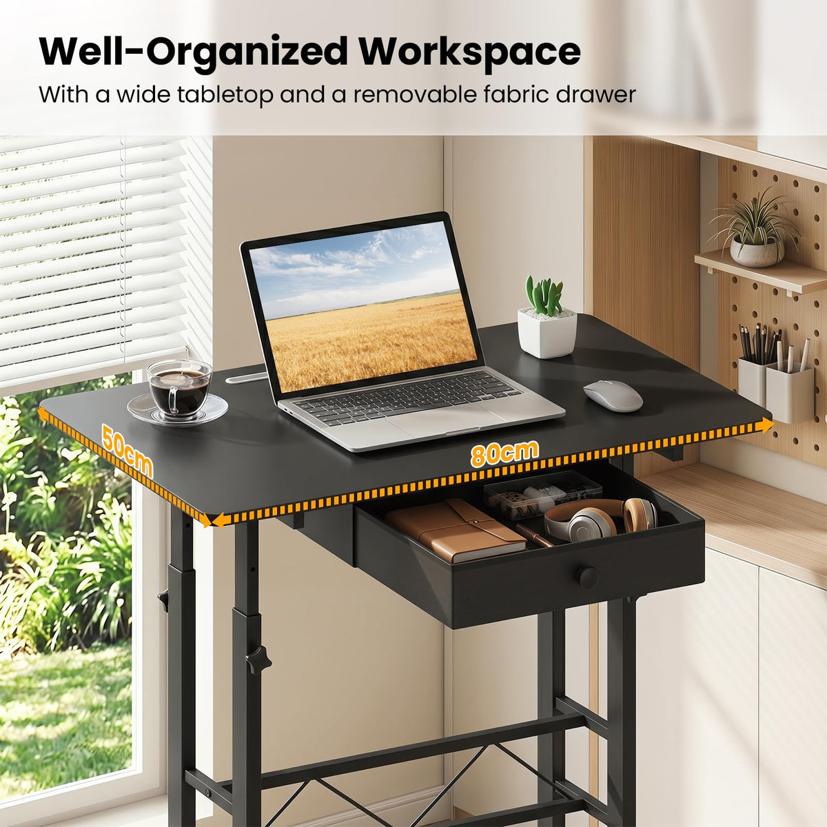 Standing Desk Height Adjustable with Fabric Drawer and Lockable Wheels