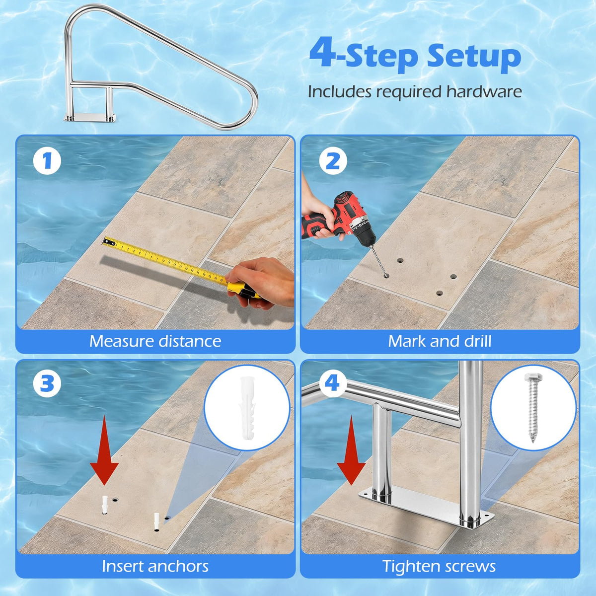 Pool Handrail Stair Rail with Mount Base Plate for Water Parks