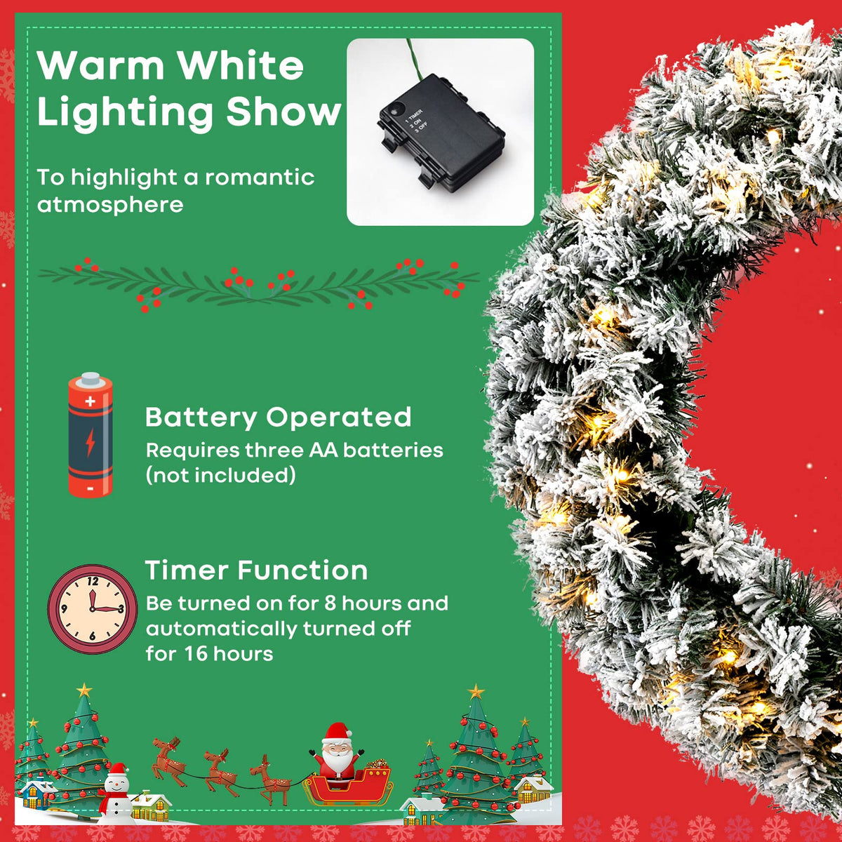 61CM Flocked Christmas Wreath with Timer for Front Door