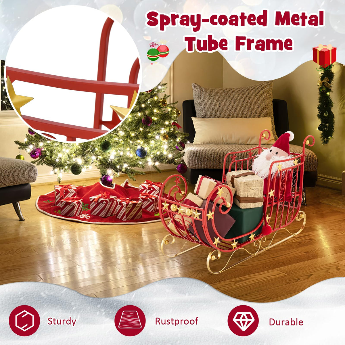 Red Santa Sleigh, Metal Christmas Santa Sleigh
