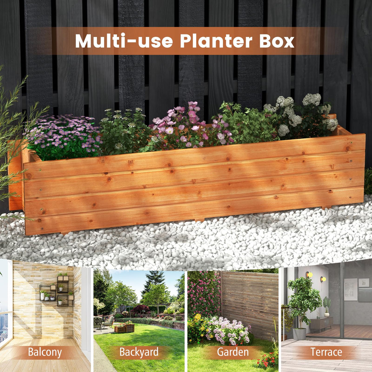 Raised Garden Bed, Fir Wood Planter Box with 2 Drainage Holes & 3 Added Bottom Crossbars