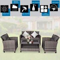 Outdoor Furniture Sofa Set, 4 Pcs Patio Rattan Conversation Set, w/ Tempered Glass Tabletop & Soft Cushions, Mixed Gray