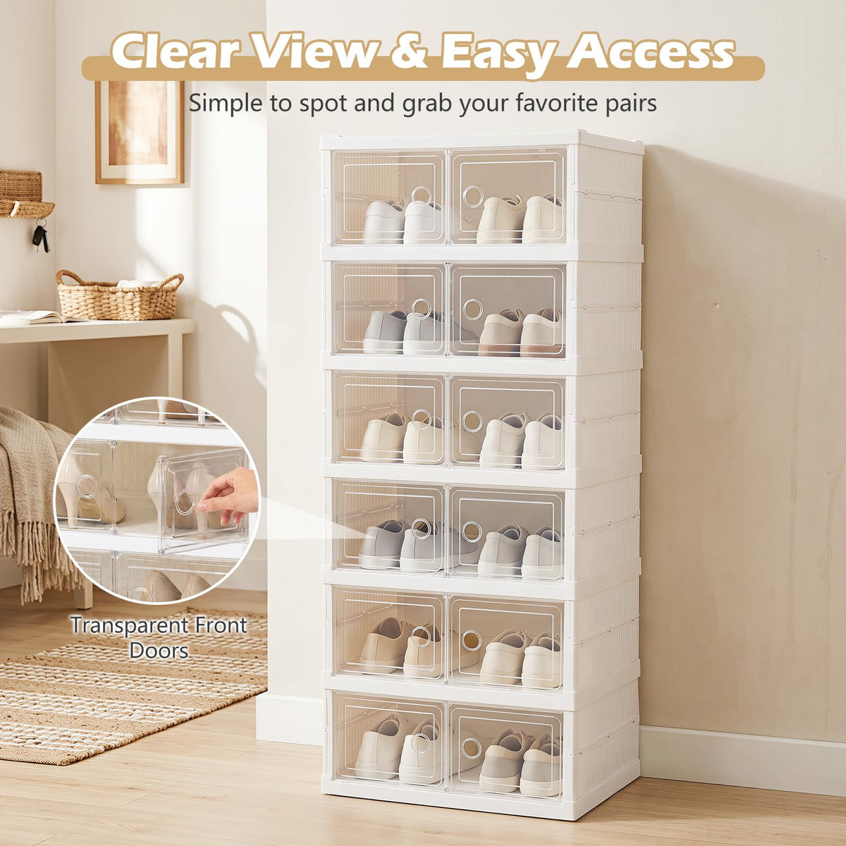 6-Tier Folding Plastic Shoe Organizer with Clear Doors and 12 Pairs for Entryway