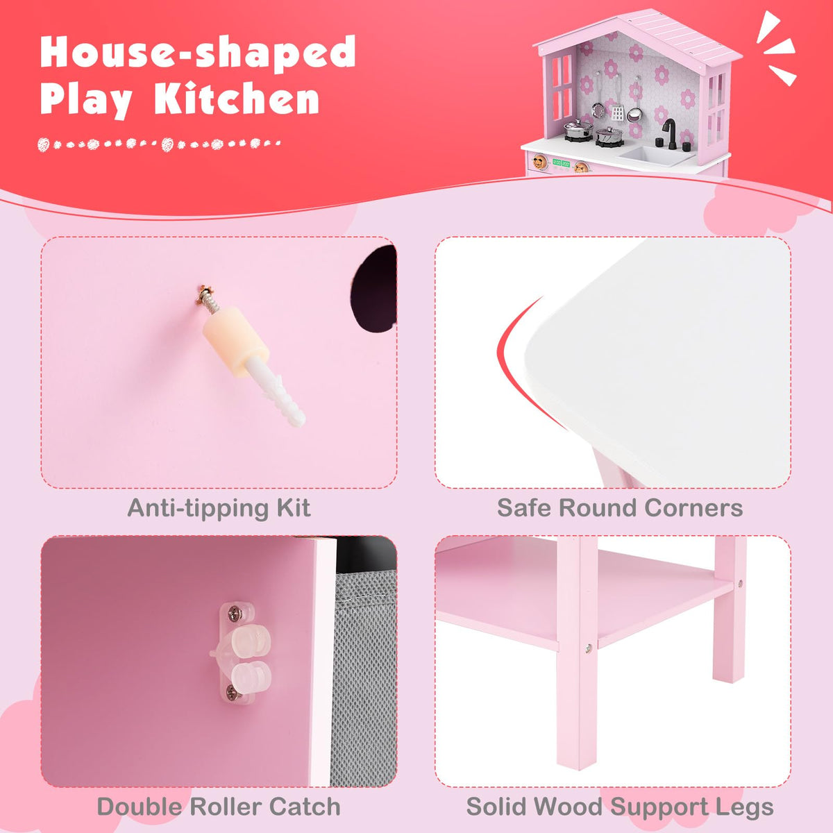 House-Shaped Play Kitchen, Kids Kitchen Playset