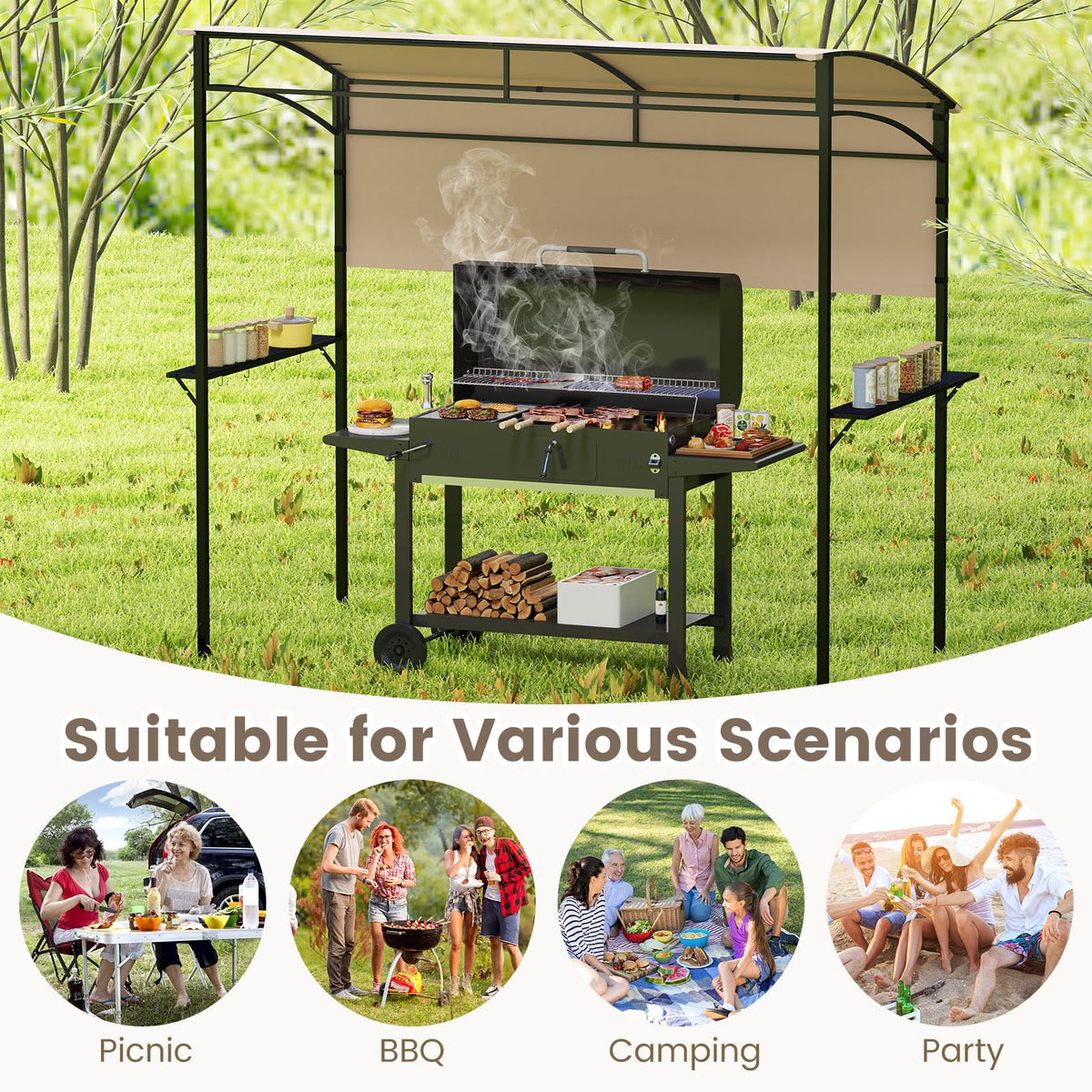 Patio Barbecue Canopy with Serving Shelf and Storage Hooks for Garden